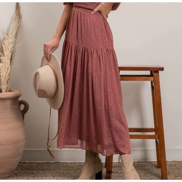 By The River Dusty Rose Tiered Maxi Skirt L Metallic Dot Boho Cottagecore - Picture 1 of 11